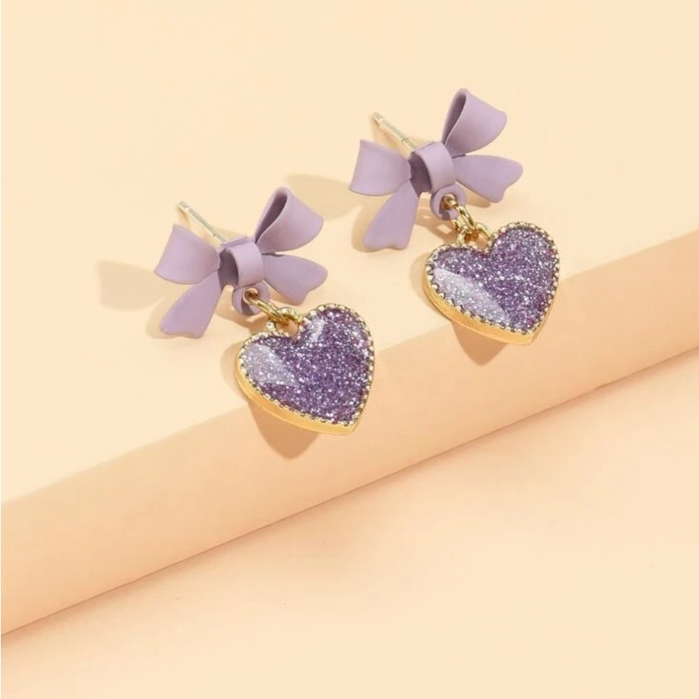 Purple heart drop earrings with bow